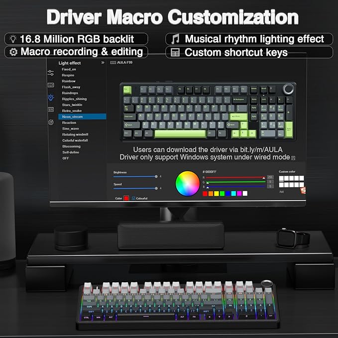 AULA F99 Pro Wireless Mechanical Keyboard with Knob,Gasket Structure,Tri-Mode BT5.0/USB-C/2.4GHz Hot Swappable Keyboard,Creamy Sound,RGB Backlit PBT Keycaps Computer Gaming Keyboards - Image 8