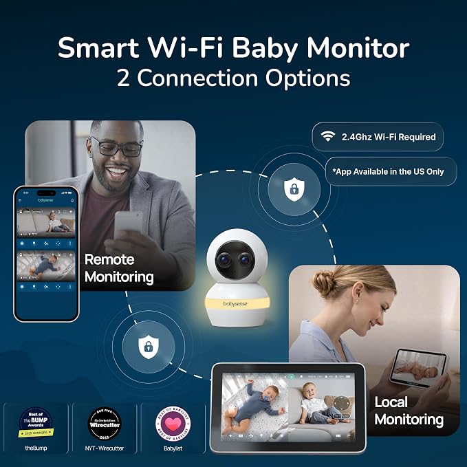 Babysense Touch 7" Touchscreen Smart WiFi Baby Monitor with App, Camera and Audio, Night Light, 4MP Dual-Lens with 6X Zoom, AI Auto Tracking, Focus Area, Split-Screen, VOX/ECO Mode, No Subscription - Image 2
