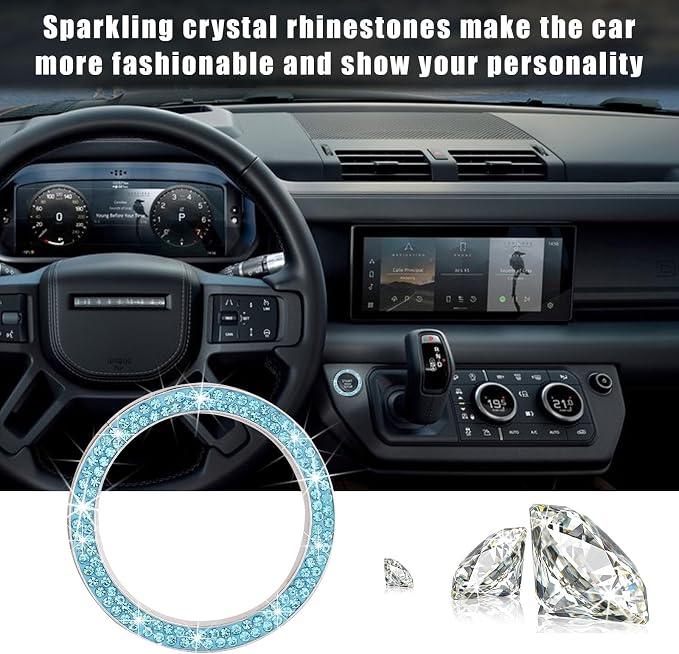 Kewucn 2 PCS Bling Crystal Double Rhinestone Car Engine Start Decoration Ring, Sparkling Push Start Button Sticker, Key Ignition & Knob Ring Decoration, Bling Car Interior Accessory(Lake Blue) - Image 5