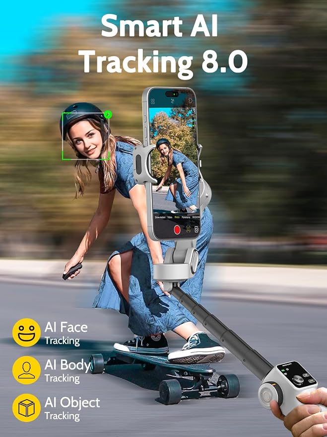 AOCHUAN Cellphone Gimbal for Video Recording w/AI Tracking,3 -axis Vlogging Gimbal stabilizer for iPhone w/OLED Display, Smartphone Holder w/7.8' Extension Rod, Trigger Button Smart V8(White) - Image 4