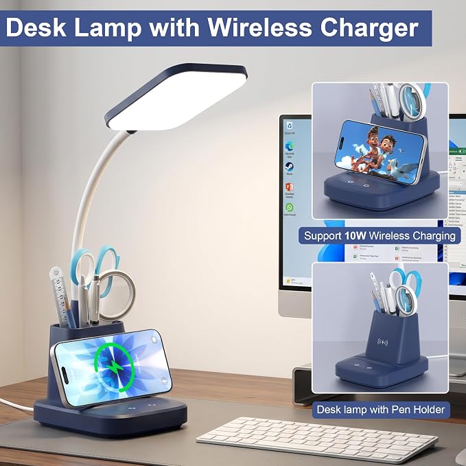 LED Desk Lamp with 10W Wireless Charging & Pen Holder, Navy Blue | CRI 95, 800LM, Stepless Dimming, 3 Modes, 360°Flexible Arm, Touch, Study Table Lamp for Home Office, Dorm Room, with Adapter - Image 2