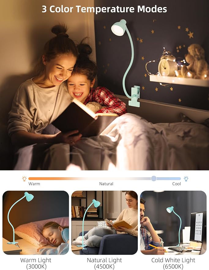 LiFMIRA Reading Light for Bed, Clip-on Desk Lamp 3 Color Modes Teal | 10 Brightness Levels Eye Care Clamp Light Flexible Gooseneck Reading Lamp Clip on Lamp for Bed Headboard Desk Bedside Dorm - Image 2