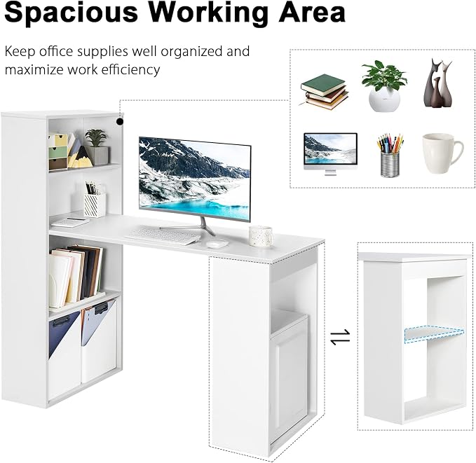 Tangkula White Computer Desk with Bookshelf, Writing Study Desk with Storage Shelves & CPU Stand, Modern Compact Computer Workstation for Home & Office, Space-Saving Design | Modern Compact Workstation w/Bookshelf Storage & CPU Stand, Space-Saving Desi... - Image 5