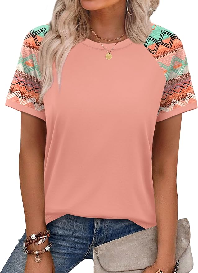 WIHOLL Womens Summer Tops Color Block Short Sleeve Raglan Shirts Spring Fashion Clothes Vacation Outfits - Image 2