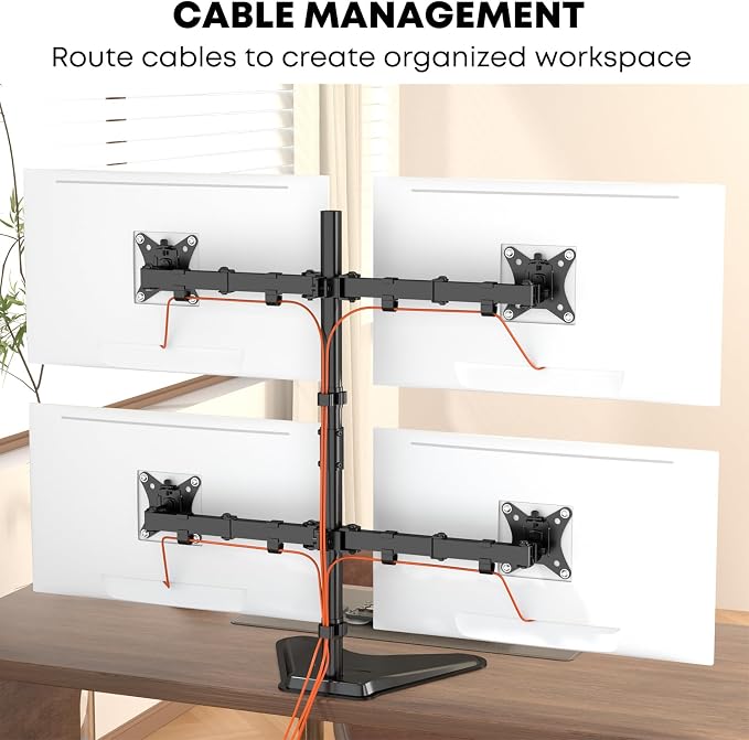 PUTORSEN Quad Monitor Stand for 4 Screens, 17-32", 19.8 lbs Each | Stacked 4-Screen Desk Mount with Full-Motion Arms, VESA 75/100, Tilt, Swivel & Rotation, Larger Base with Phone Slot, Black - Image 5