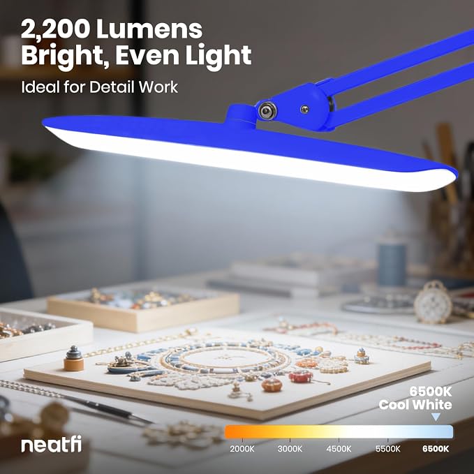 Neatfi XL 2200 Lumens 24W LED Desk Lamp – Shadow-Free Task Lighting | 4-Level Dimming | Home Office & Crafts Use | 20-Inch Wide Head (Sapphire Blue, Non-CCT with Clamp) - Image 6