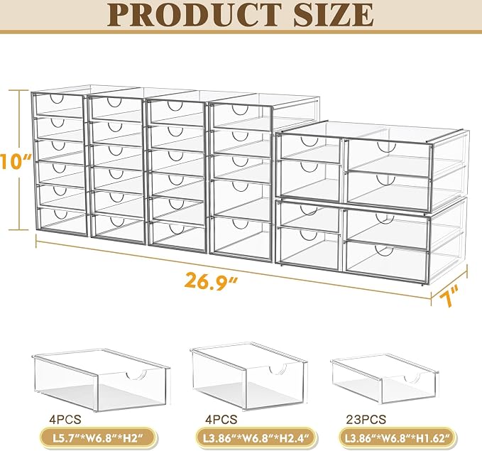 YFXCVSL 6-Pack Acrylic 31-Drawer Storage & Makeup Organizer for Desk | Smooth-glide drawers, clear acrylic, stackable, dustproof, wipe-clean, for makeup palettes, lipsticks, blushes, cotton pads - Image 3