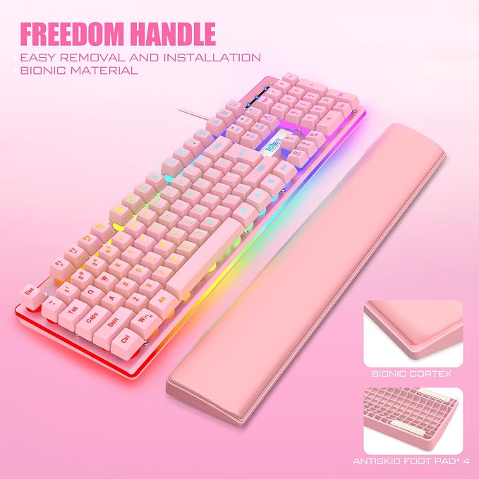 RedThunder K10 Wired Gaming Keyboard and Mouse and Wrist Rest Combo, RGB Backlit, Mechanical Feel Anti-ghosting Keyboard + 7D 7200 DPI Mice+Soft Leather Wrist Rest 3 in 1 PC Gamer Accessories(Pink) - Image 4