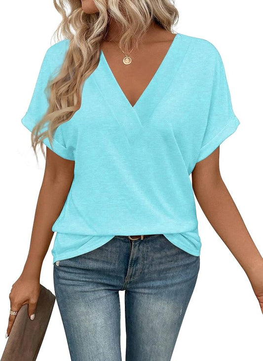 T Shirts Short Sleeve V Neck Tees Womens Tops Beach Vacation Fashion Clothes 2026 Casual Summer Spring Fall Outfits by EyMuseWomensTops