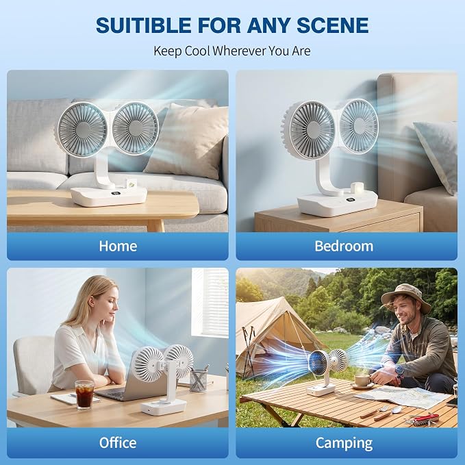 Morelax Dual Head Desk Fan with LED Light, USB Rechargeable Portable Mini Fan, Quiet Desktop & Wall-Mounted Fan, Multi-Angle Rotation, 4 Speeds, for Bedroom, Home, Office, Camping - Image 6