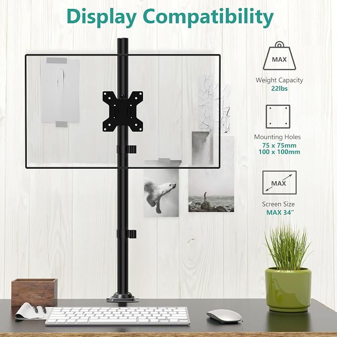 WALI Monitor Arm Mount for Desk, Single Extra Tall Computer Desk Mount, Monitor Bracket Mount Stand Single, up to 34 inch, 22 lbs (M001XL), Black - Image 3