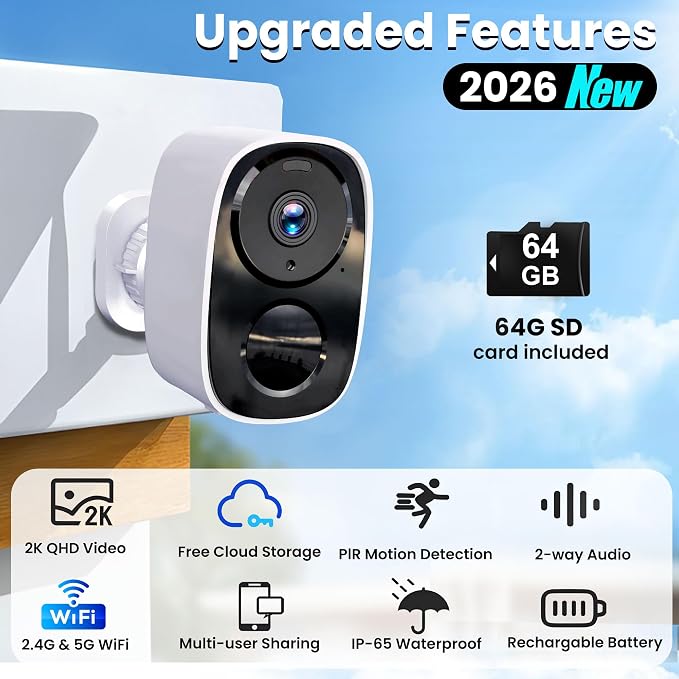 2026 Upgraded 2K Wireless Security Camera with 64G SD Card, Free Cloud Storage, 1-6 Month Battery Life, AI Motion Detection, Spotlight, Siren Alarm, 2-Way Audio, Waterproof WiFi Surveillance Camera - Image 2
