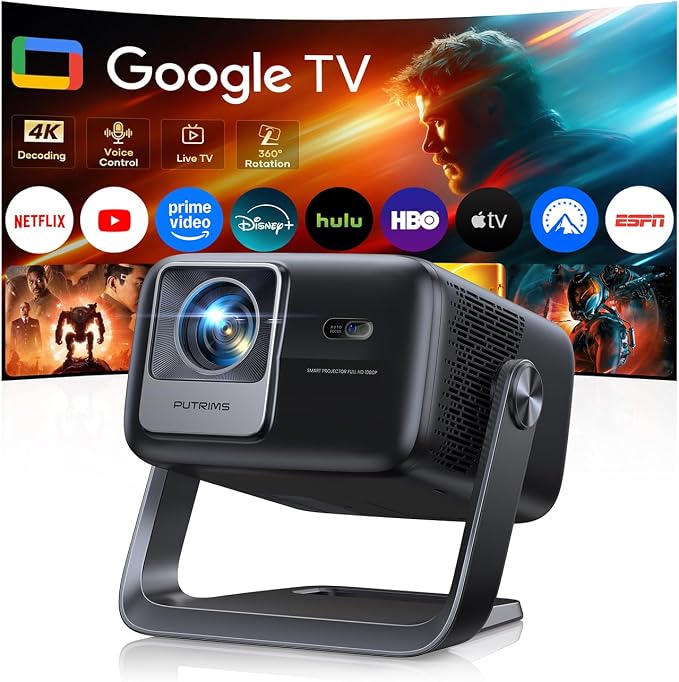 Smart 4K Projector [Google TV Stick Built-in & 360° Stand] with WiFi 6, Bluetooth 5.3, HDR10, 30W Hi-Fi, AI Auto Focus, Outdoor Portable Short Throw Movie Projector for Home Theater Bedroom Ceiling by PUTRIMSFlagship