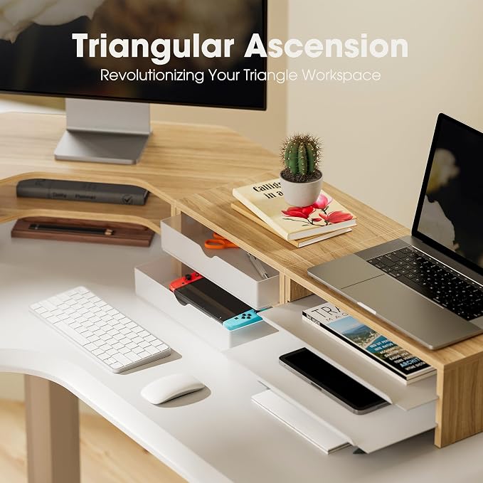 Fenge Dual Monitor Stand, 2-Tier Corner Monitor Riser with Drawer and Slide-out Tray, Triangle Desktop Shelf Organizer for Laptop Computer Printer Home Office Desk, Oak - Image 5