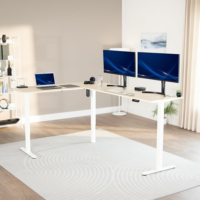 VIVO Light Wood 84 x 63 in Corner Standing Desk, DESK-E3CTWC-84 | Electric, Large Reversible L-Shaped Table, Sit Stand Height Adjustable, Memory Controller, Office Furniture Sets, Black Frame - Image 2