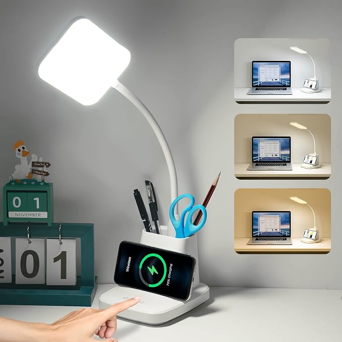 LED Desk Lamp with 10W Wireless Charging & Pen Holder, Snow White | CRI 95, 800LM, Stepless Dimming, 3 Modes, 360°Flexible Arm, Touch, Study Table Lamp for Home Office, Dorm Room, with Adapter by Sailstar