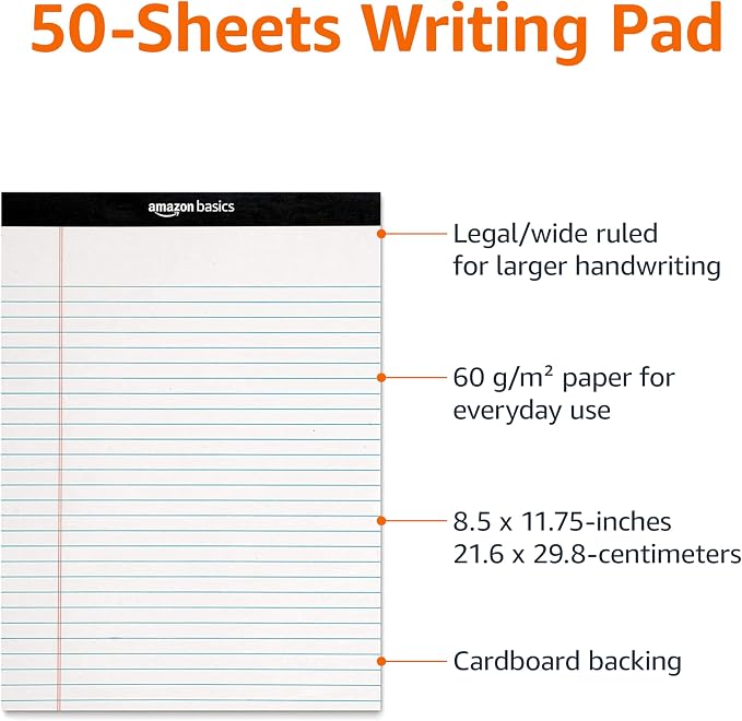 Amazon Basics Wide Ruled Lined Writing Note Pads for Office Supplies, 8.5" x 11.75", White, 12-Pack of 50 Perforated Sheets - Image 4