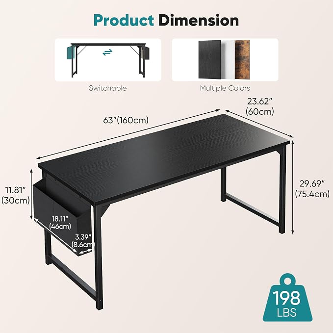 OLIXIS Computer Desk, 63 Inch Gaming Desks for Home Office Small Spaces | Writing Study Craft Work Table, Computer Workstation for Bedroom with Storage Bag, Black - Image 3