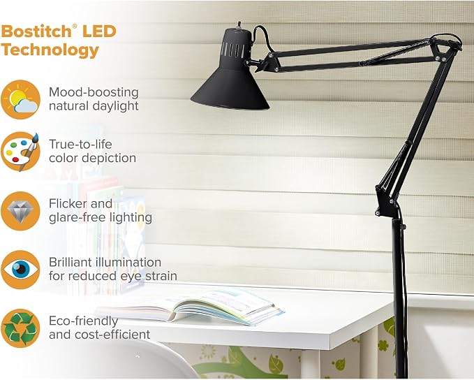 Bostitch Office VLF100F Swing Arm Metal Floor Lamp, 72" Tall with Multi-Joint Adjustment, Includes Replaceable LED Bulb (VLF), Black - Image 5