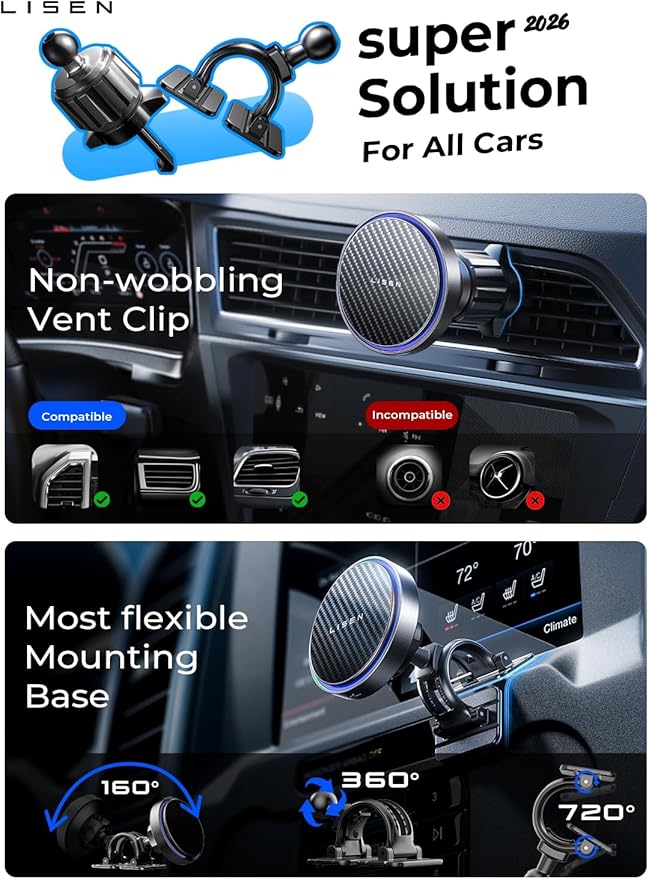 LISEN 15W MagSafe Car Mount Charger,[Carbon Fiber] Magnetic Wireless Car Charger, Dashboard & Air Vent Car Phone Mounts, Magnetic Phone Holder for Car Mount for iPhone 17/16/15/14/13/12, Samsung Pixel | Carbon Fiber 15W Magsafe Car Mount Charger, 2 in ... - Image 3