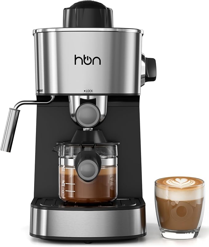 HBN Espresso Machine, 3.5Bar Cappuccino & Latte Maker, 2-4 Cup Stainless Steel Coffee Machine with Milk Frother, 800W Espresso Machine Maker with Steamer, Compact Coffee Maker for Home and Office by HBN