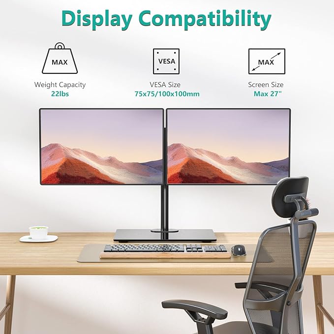 WALI Free Standing Dual Monitor Stand, Height Adjustable Monitor Mount with Glass Base, Fits LCD LED Flat Curved Screen up to 27 inch, 22lbs, with Grommet Base (GMF002) - Image 2