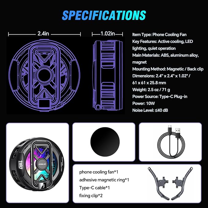 USB Phone Cooler, Semiconductor Cooling Fan for Phone, Magnetic & Clip-On, Large Cooling Plate, 3 Gears Fan Adjustable, RGB Light Switchable, Universal Fit for iPhone Android - Black - Image 7