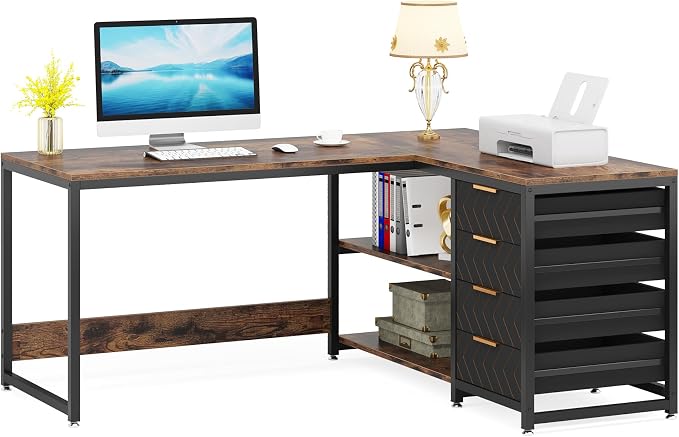 Tribesigns L Shaped Computer Desk with Storage Drawers, 59 inch Corner Desk with Shelves, Reversible L-Shaped Office Desk Study Writing Table Workstation for Home Office, Brown - Image 9