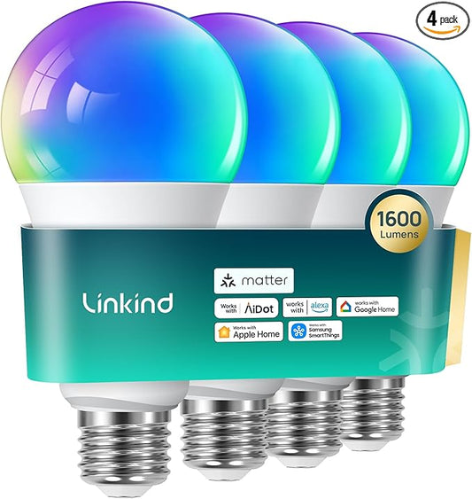 Linkind Matter Smart Light Bulb,1600LM 100W Smart Bulbs Work with Alexa/Apple Home/Google Home/SmartThings, RGBTW LED Color Changing Bulbs Music Sync, 2.4GHz Wi-Fi Light Bulbs LED 11W, A21 E26, 4Pack by Linkind