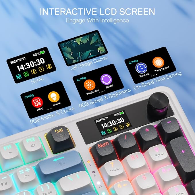 Redragon K719 PRO Wireless 95-Key Gasket Gaming Keyboard, TFT Screen & Knob | Easy-Control LED Info Display, 0-Delay Tri-Mode, Cushioned 5-Layer Noise Dampening for Creamy Thocky Sound, Practical 95 keys - Image 6