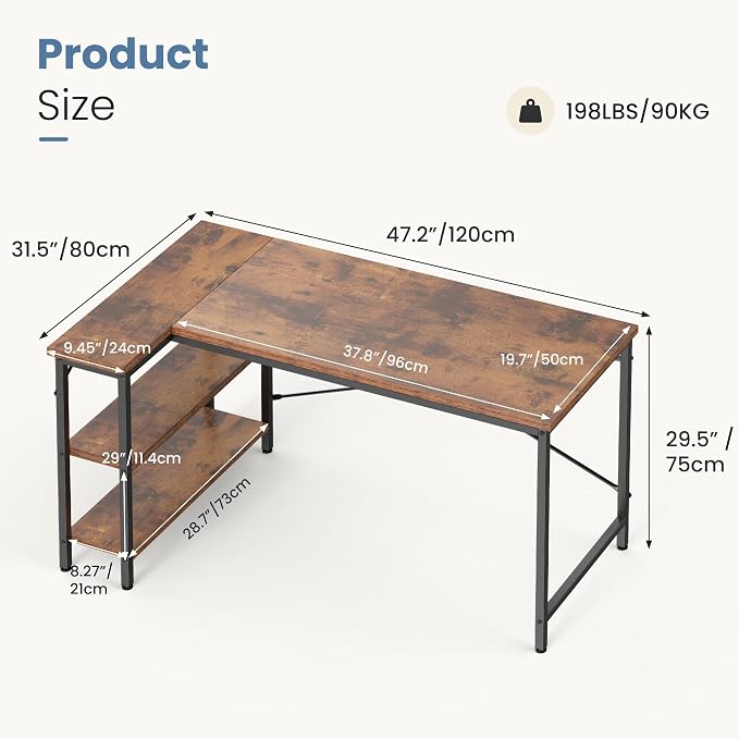 DUMOS 55 Inch L Shaped Desk, Computer Gaming Corner Desks with Shelves | Home Office PC Table, Writing Working Study Desk for Bedroom Dorm, Reversible Design, Rustic Brown - Image 3