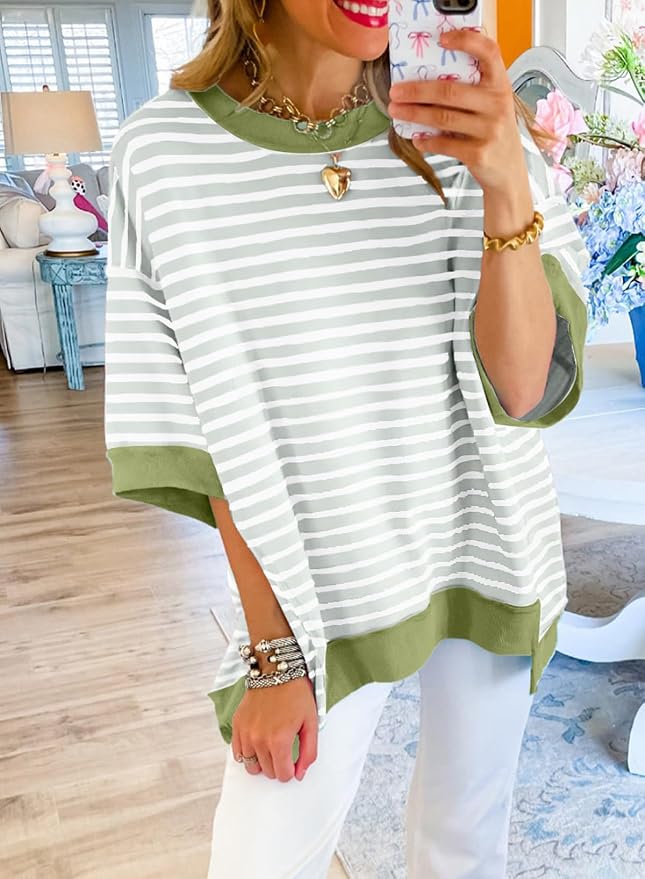 SHEWIN Womens Tops Casual Short Sleeve Sweatshirt Crewneck Striped Shirt Pullover T Shirts Loose Blouses - Image 2