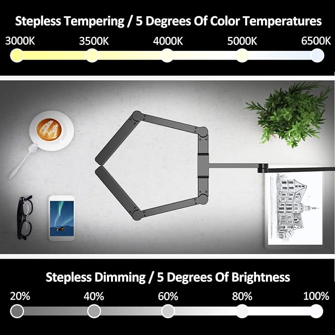EPABINA Transformable LED Desk Lamp, 41.5" Large Architect Desk Lamp with Clamp, 3 Light Bars Desk Light for Home Office, 24W Auto Dimming Office Lighting Table Light for L Shaped Desk - Image 5