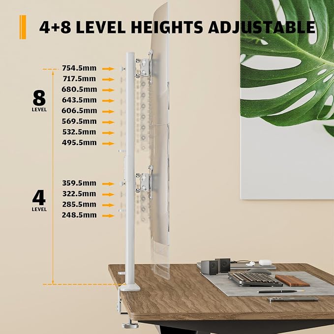Hemudu Dual Monitor Articulating Desk Mount Arm Stand - Vertical Stack Screen Supports Two 13 to 34 Inch Computer Monitors with C Clamp White - Image 6