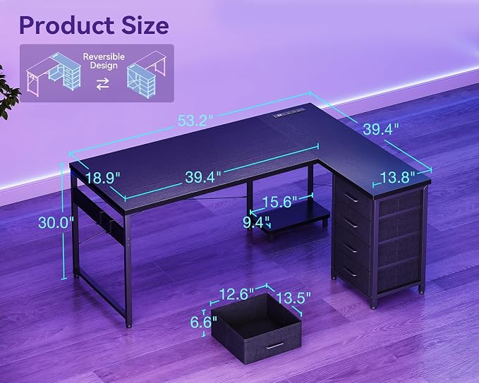 AODK 53" L Shaped Gaming Desk with 4 Drawers and Power Outlets, Black | USB Ports, PC Tower Stand, Hooks, Reversible Corner Layout for Gaming Rooms, Bedrooms and Home Office - Image 3
