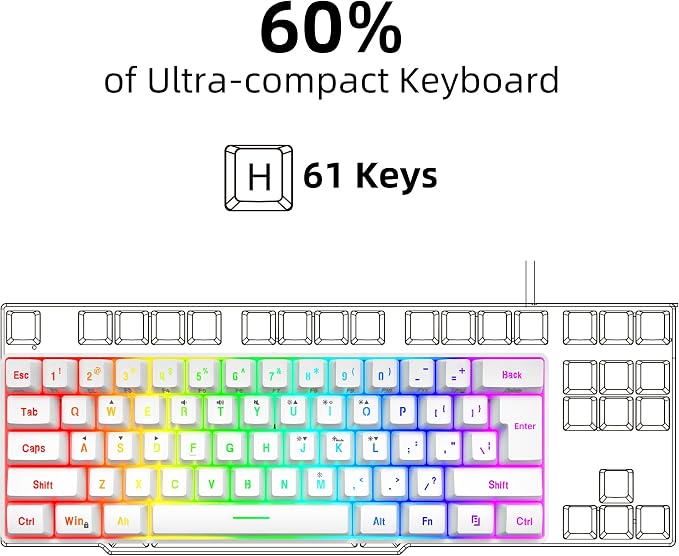Snpurdiri 60% Wired Gaming Keyboard, 61 Keys RGB Backlit Wrist Rest Ultra-Compact Mini Waterproof Keyboard for PC Computer Gamer (White) | Backlit Ultra-Compact Mini Gaming Keyboard for PC Computer Gamer - Image 2