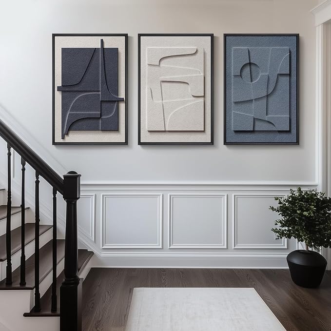 Large 3D Textured Framed Blue and White Abstract Wall Art, 3 Piece Modern Artwork for Walls, Minimalist Navy Blue Geometric Paintings for Living Room, Bedroom, Dining Room, Office Wall Decor 20x30 In - Image 4
