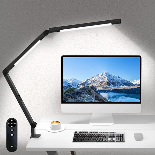 LED Desk Lamp with Clamp, Architect Desk Lamp for Home Office with Remote Control, Swing Arm Clamp on Computer Light, Clip-on Eye-Care Adjustable 5 Brightness Levels Table Light for Working Drafting by Micomlan