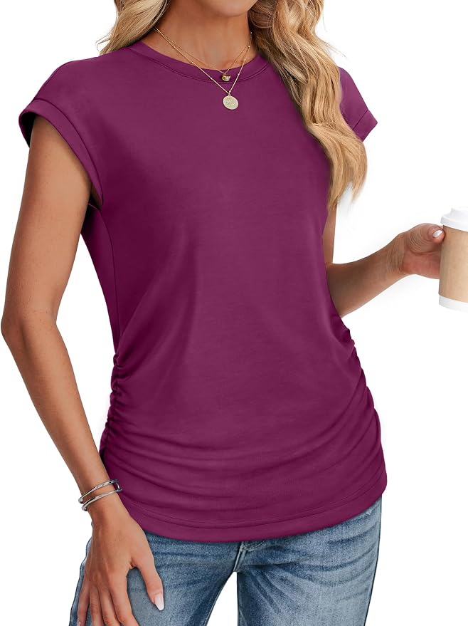 Sampeel Womens Summer Tops Trendy 2026 Ruched Cap Short Sleeve Tshirts Shirts Crew Neck T Shirts Fashion - Image 3