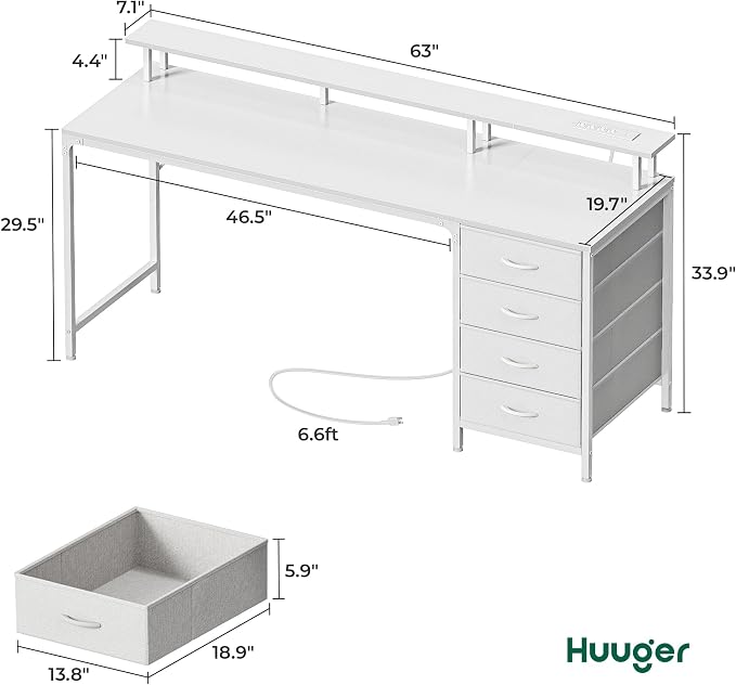 Huuger 63 Inch Computer Desk with Power Outlets and LED Lights, Gaming Desk with 4 Drawers, Office Desk with Monitor Stand, Study Work Desk for Home Office, White - Image 3