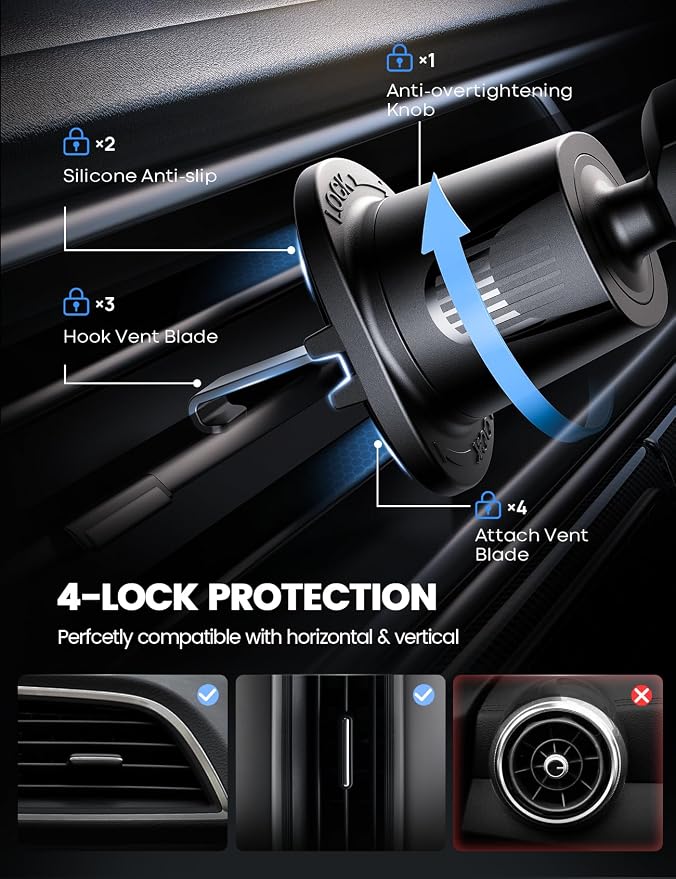 Lamicall 2026 Wider Clamp & Metal Hook Car Phone Holder Vent [Thick Cases Friendly] Phone Holders for Your Car Mount Automobile Hands Free Cradle Air Vent for iPhone 17 16 15 Pro Max Lucite Black - Image 4