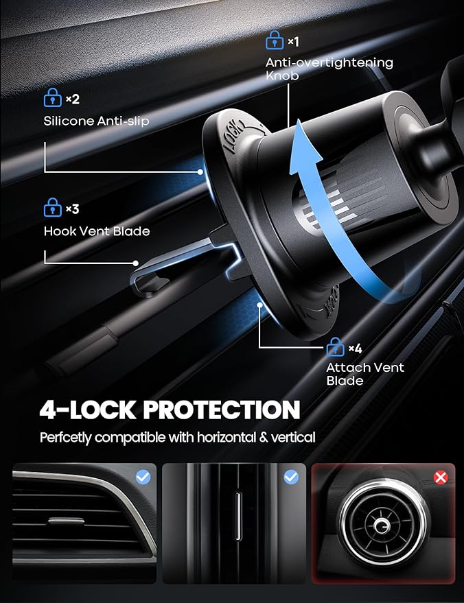 Lamicall 2026 Wider Clamp & Metal Hook Car Phone Holder Vent [Thick Cases Friendly] Phone Holders for Your Car Camera Mounts Automobile Hands Free Cradle Air Vent for iPhone 17 16 15 Pro Max Dark Grey - Image 4