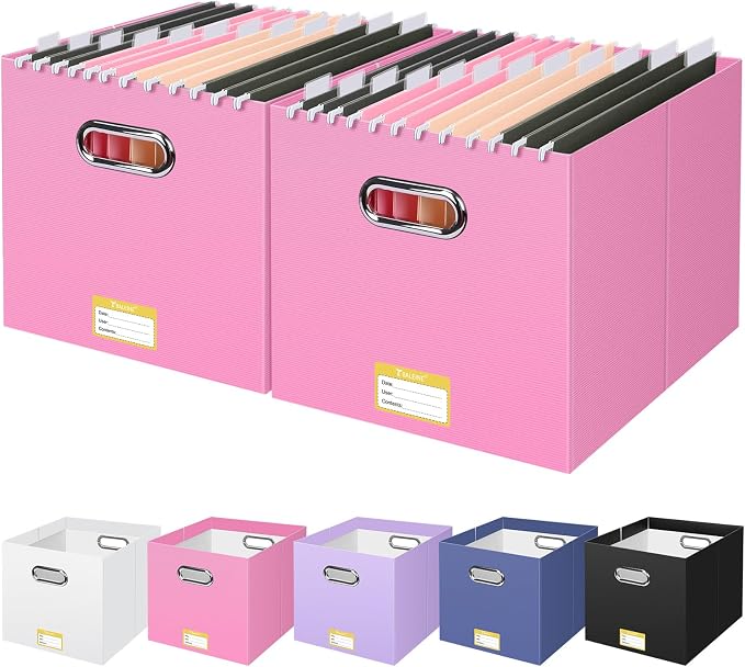 BALEINE File Organizer Box, Cardboard File Folder Organizer with Handle for Letter Size, Portable Collapsible Hanging Filing Box for Home Office Document Storage (2 Pack, Large Pink) by BALEINE