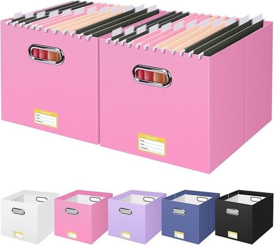 BALEINE File Organizer Box, Cardboard File Folder Organizer with Handle for Letter Size, Portable Collapsible Hanging Filing Box for Home Office Document Storage (2 Pack, Large Pink) by BALEINE