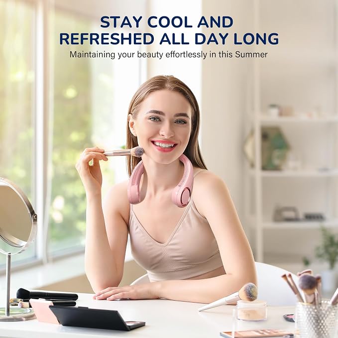 Morelax Neck Fan, USB Rechargeable Personal Fan, 3 Speeds Adjustable, Large air outlet Powerful Strong Wind, Adjustable, 360° Cooling, Super Quiet, No Blade Design, No Hair Twisting, Small (Pink) - Image 4