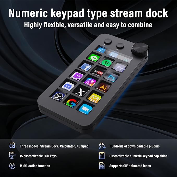 Streaming Deck,Macro pad/Calculator/Numeric Keypad Three Modes | 15 Customizable Macro Keys and LCD Bar,Large Dial,Work Efficiency Device,Compatible with Windows and Mac(N1 Black) - Image 2