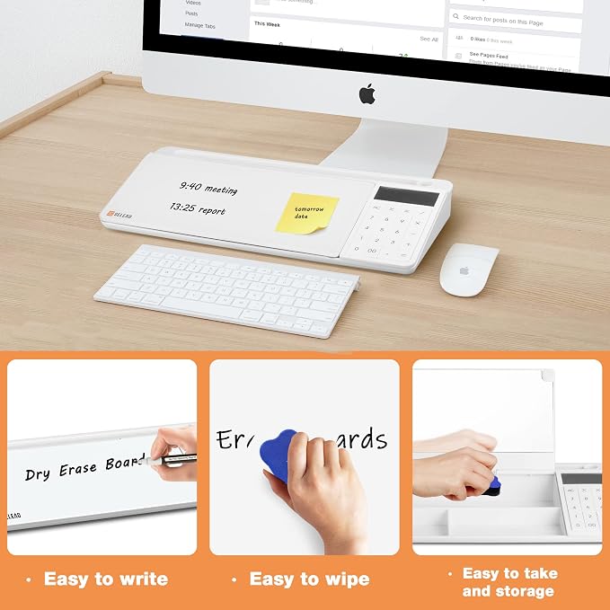 SELEAD Desktop Glass Whiteboard with Calculator & Built-in Mirror, Dry Erase White Board Computer Pad Keyboard Stand with Organizer Drawer, Desk Accessories for Home, School, Office - Image 4