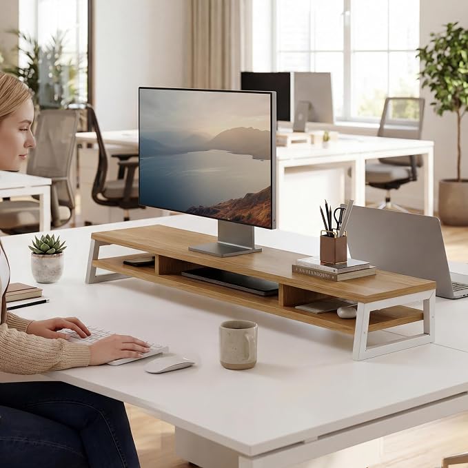 Fenge Dual Monitor Stand for Desk, 42.5in Large Monitor Riser for 2 Monitors, 2 Tier Computer Office Desk Top Shelf, Desktop Storage Stand for Laptop, PC, Computer, Printer - Image 7