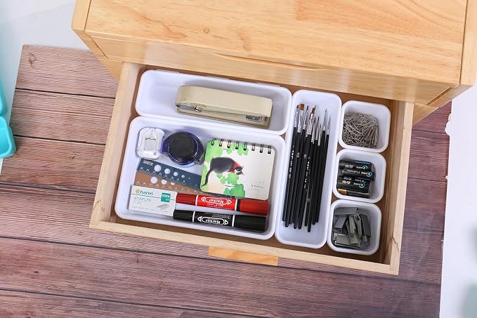 Kutesna 15PCS Interlocking Drawer Organizer, Plastic Desk Organizer Set | 3-Size Versatile Storage Bins,BPA-free, Non-slip, Fits Any Drawer for Cosmetics, Bathroom, Tools, Kitchen and Office, White - Image 5