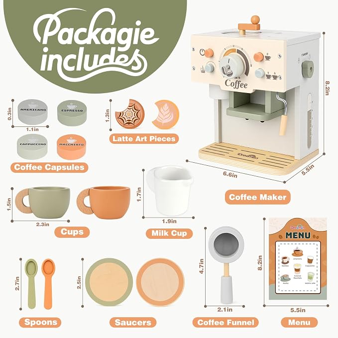 Toy Coffee Maker Wooden Kitchen Accessories for Kids Pretend Play, Green | Dreamon Kids Coffee Playset, Built-in Storage, Montessori Kitchen Toys for Toddlers Age 3-5 Creative Christmas Birthday Gifts - Image 3